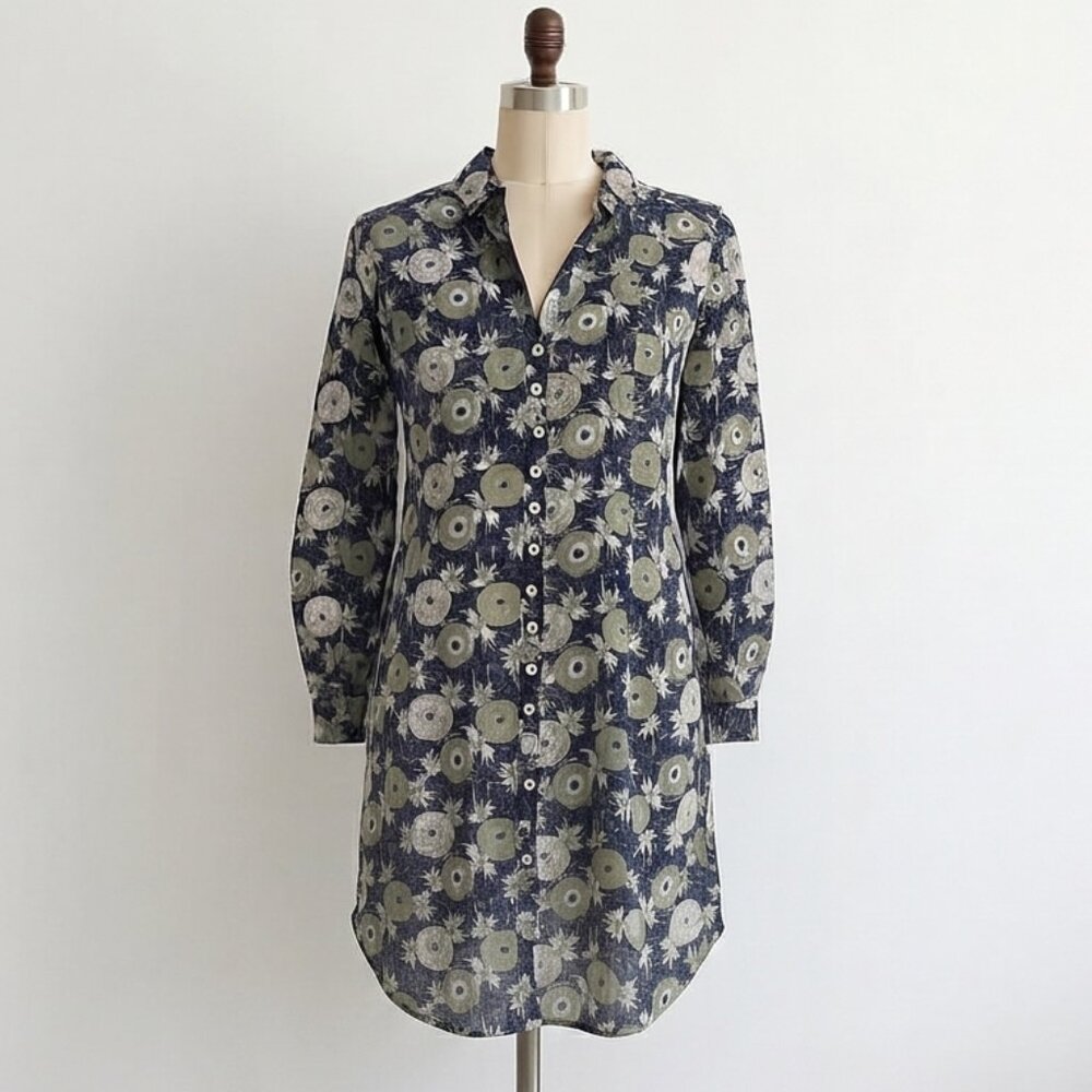 Westside Shirt Dress Button Up Floral Mini Blue Green 100% Cotton Nature Boho